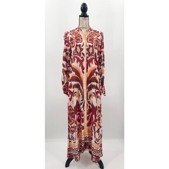 B49 Farm Rio Toucans Scarf Maxi Dress Womens Small Long Sleeve Boho Earthy Chic - Picture 10 of 14